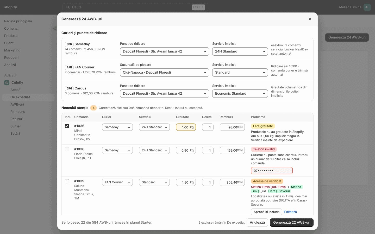 The "Generate labels" dialog with pickup points per courier and the orders that need attention