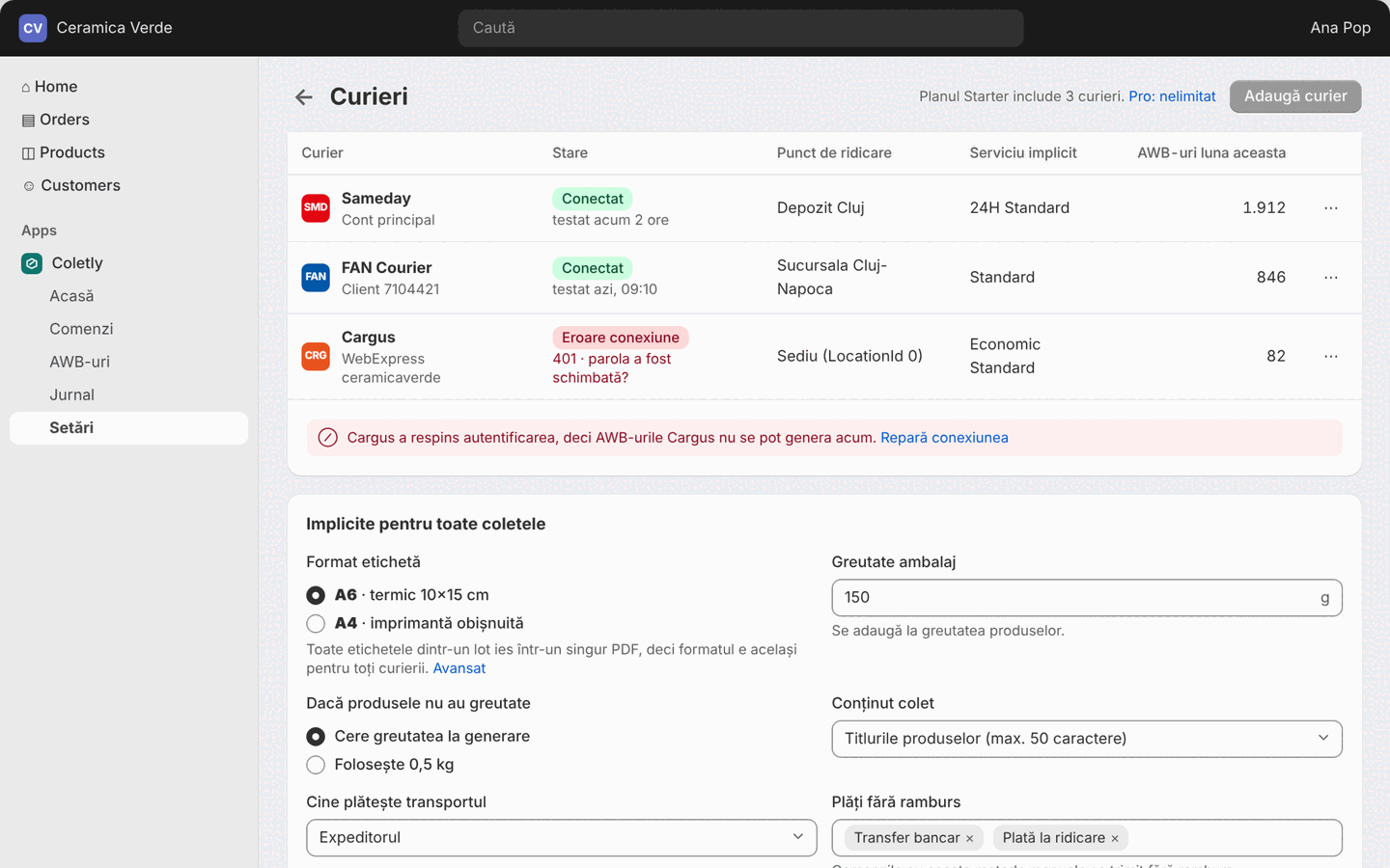 Settings › Couriers: connected couriers with connection state and defaults
