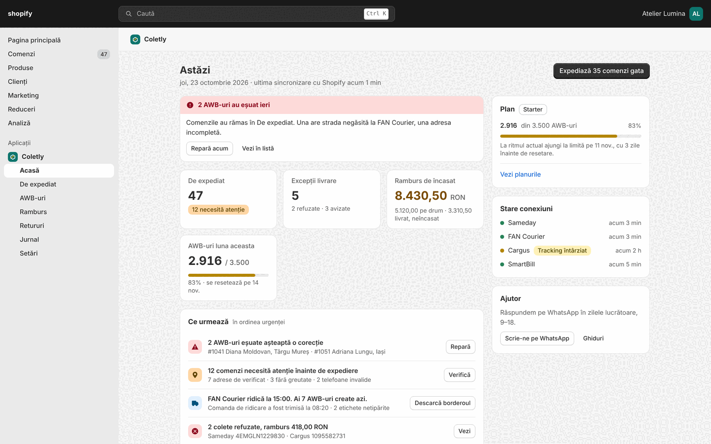 The Home page with cash on delivery to collect: in transit, delivered and uncollected
