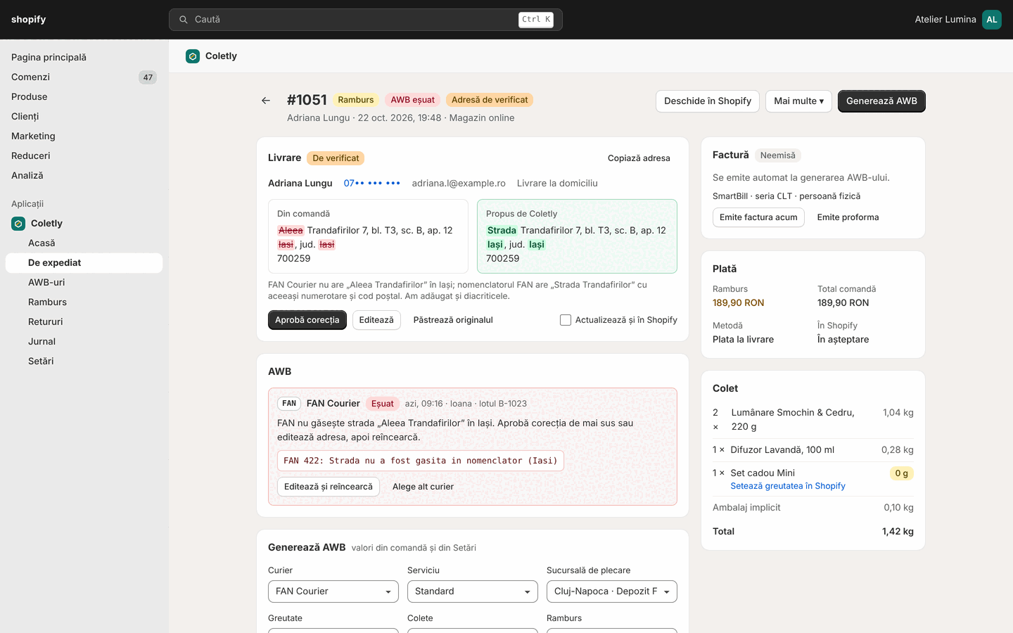An order page with the Invoice card (not issued) and the issue buttons