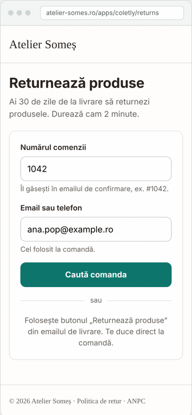 The returns portal on a phone: order number and e-mail, then "Find order"